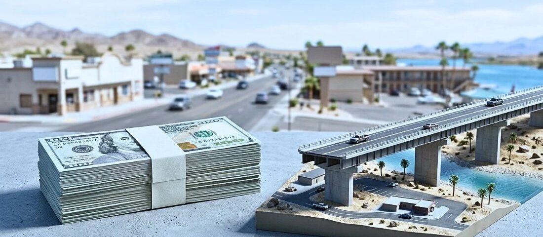 Stack of $100 bills beside a miniature model of a bridge over water, with a blurred desert town street behind.