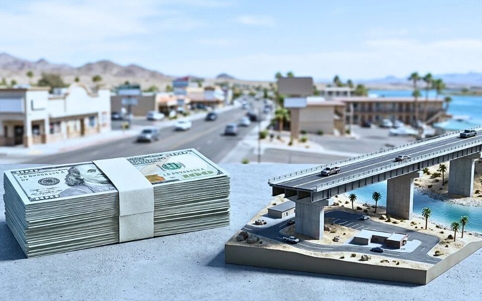 Stack of $100 bills beside a miniature model of a bridge over water, with a blurred desert town street behind.