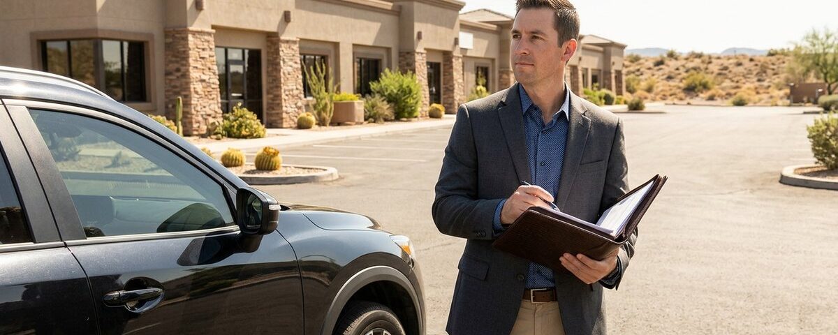 Commercial real estate broker reviewing documents outside a property.