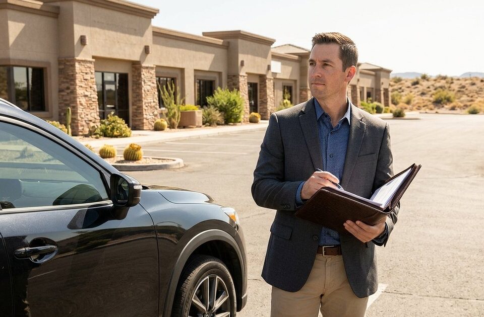 Commercial real estate broker reviewing documents outside a property.